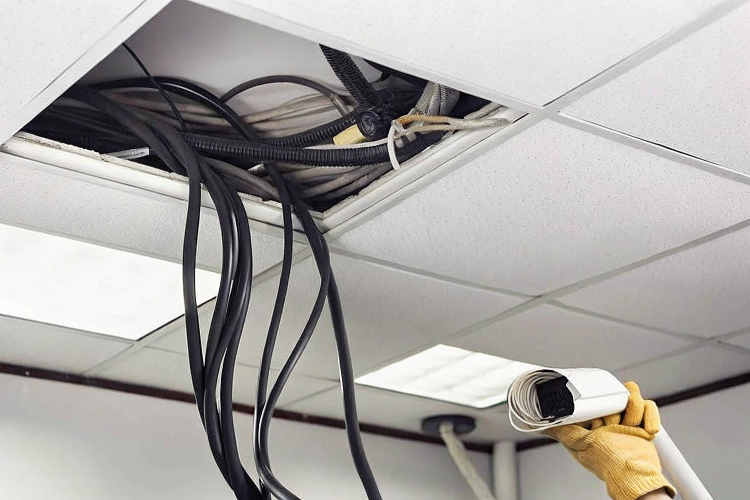 A messy bundle of wires and cables running along a wall for a security system install