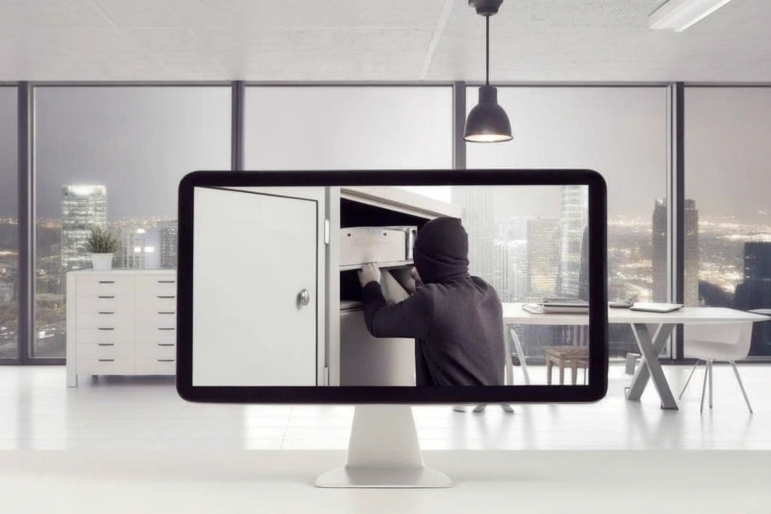 A hidden night vision camera capturing activity in a dark warehouse