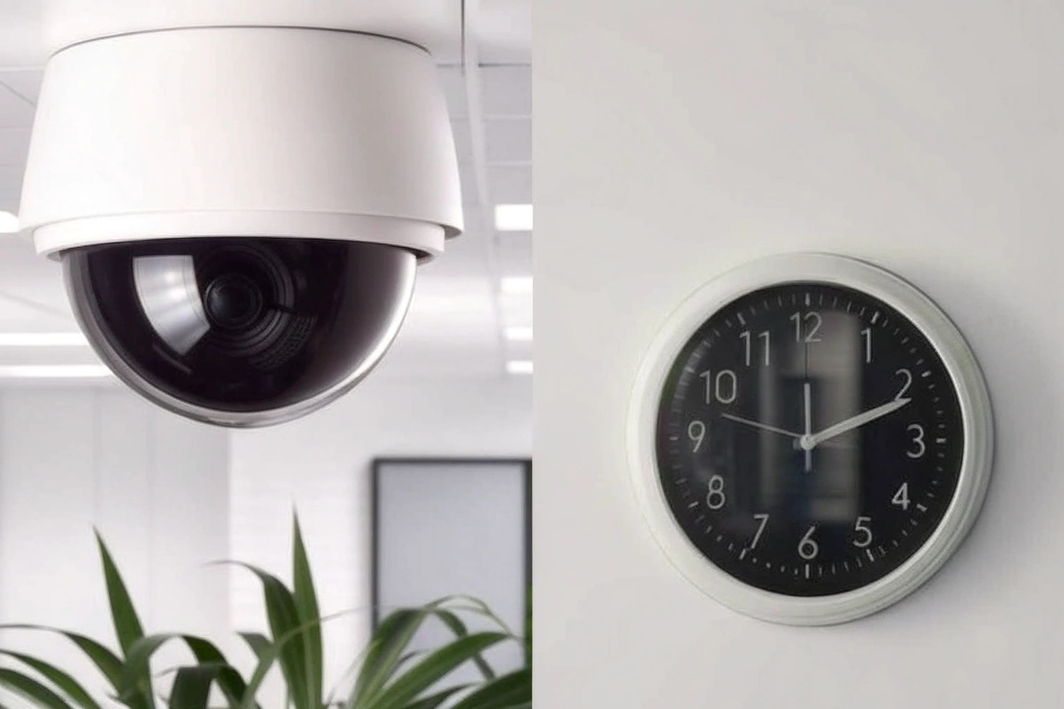 A split-screen image showing a visible security camera on one side and a hidden clock camera on the other
