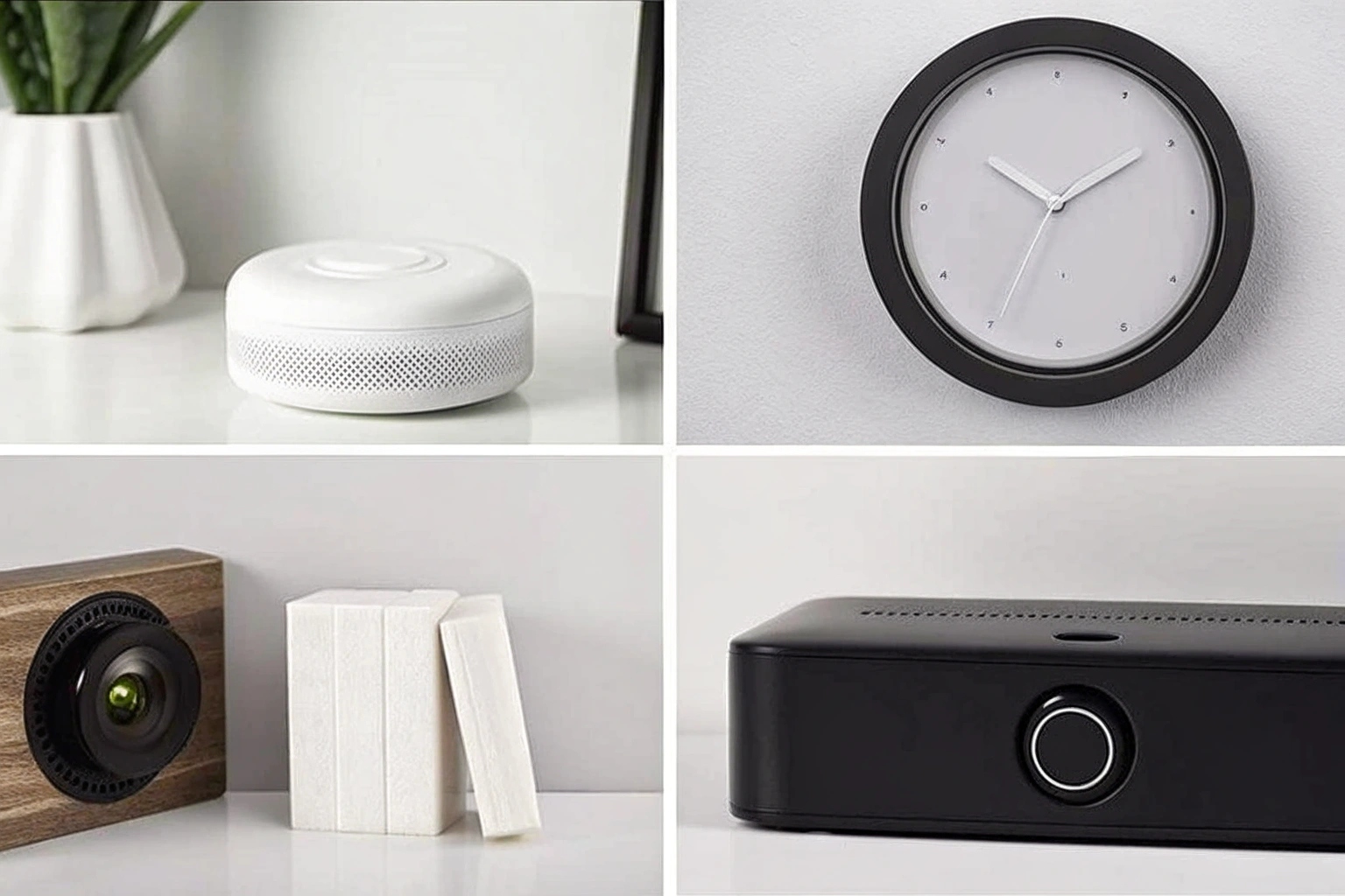 A collage of everyday items like a clock, smoke detector, and power bank with hidden cameras inside
