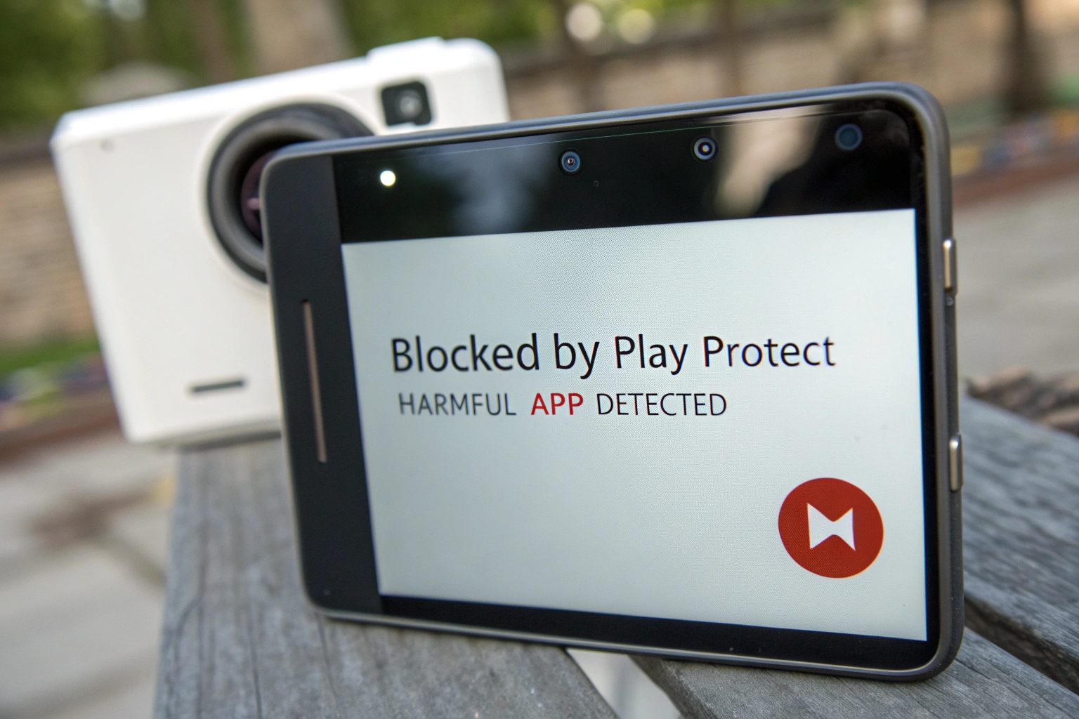 Écran de smartphone affichant un avertissement de sécurité concernant une application inconnue