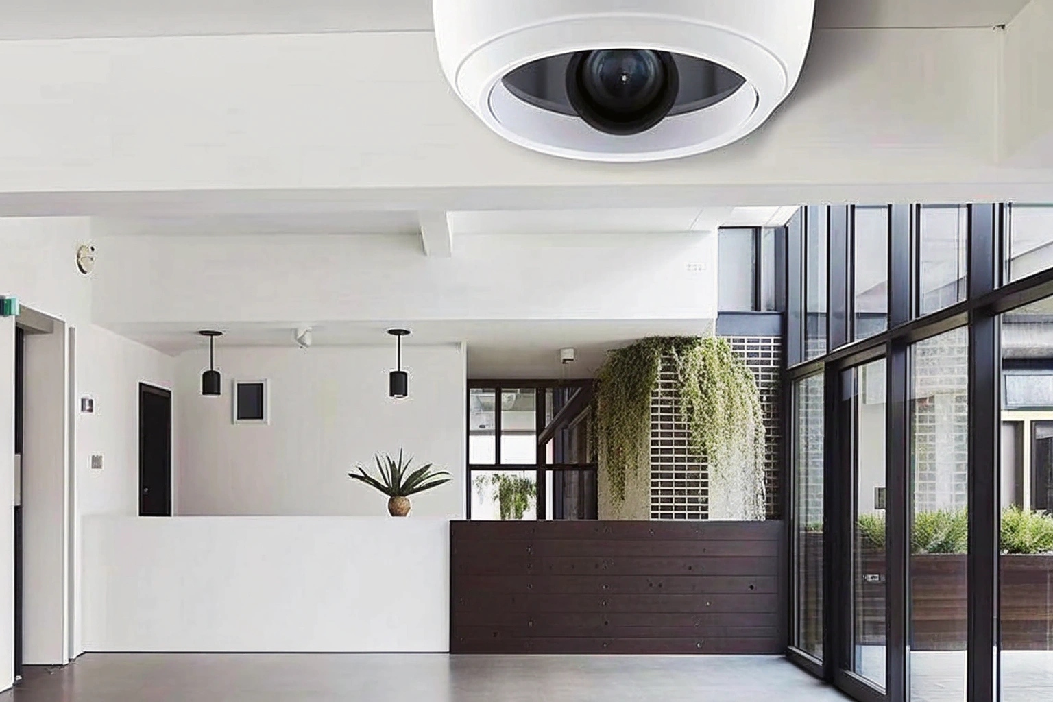 Un hall d'entrée de bureau élégant et moderne, avec une mini-caméra discrète fixée dans un coin du plafond.