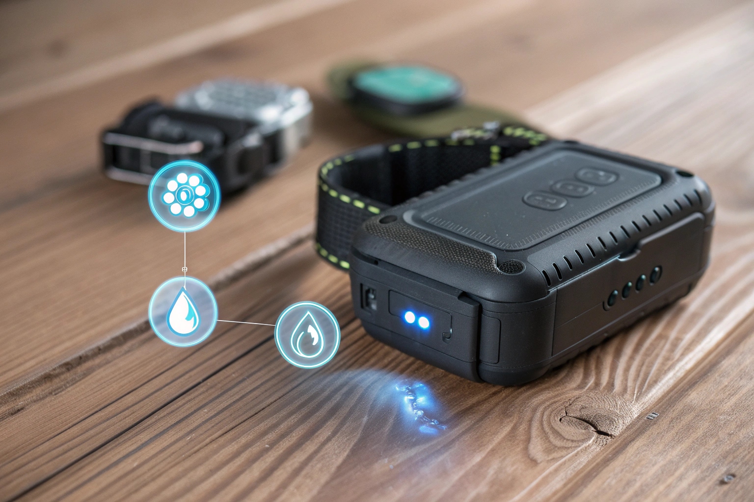 Gros plan sur un traceur pour animaux de compagnie durable et étanche avec icônes de fonctionnalités