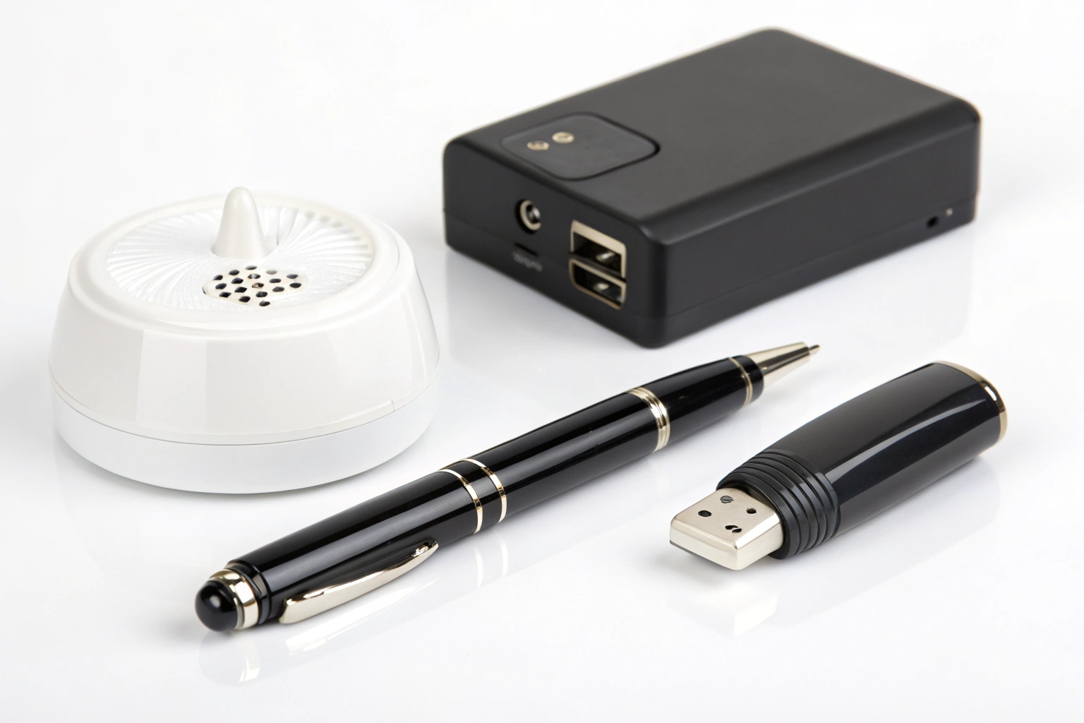 Un assortiment de matériel d'espionnage comprenant un stylo caméra, un détecteur de fumée et un chargeur caméra.