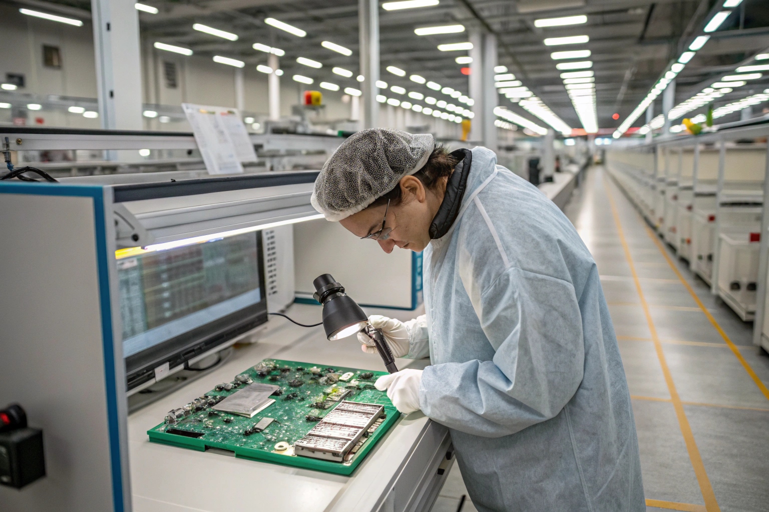 Un technicien teste des cartes de circuits imprimés dans une usine d'électronique propre