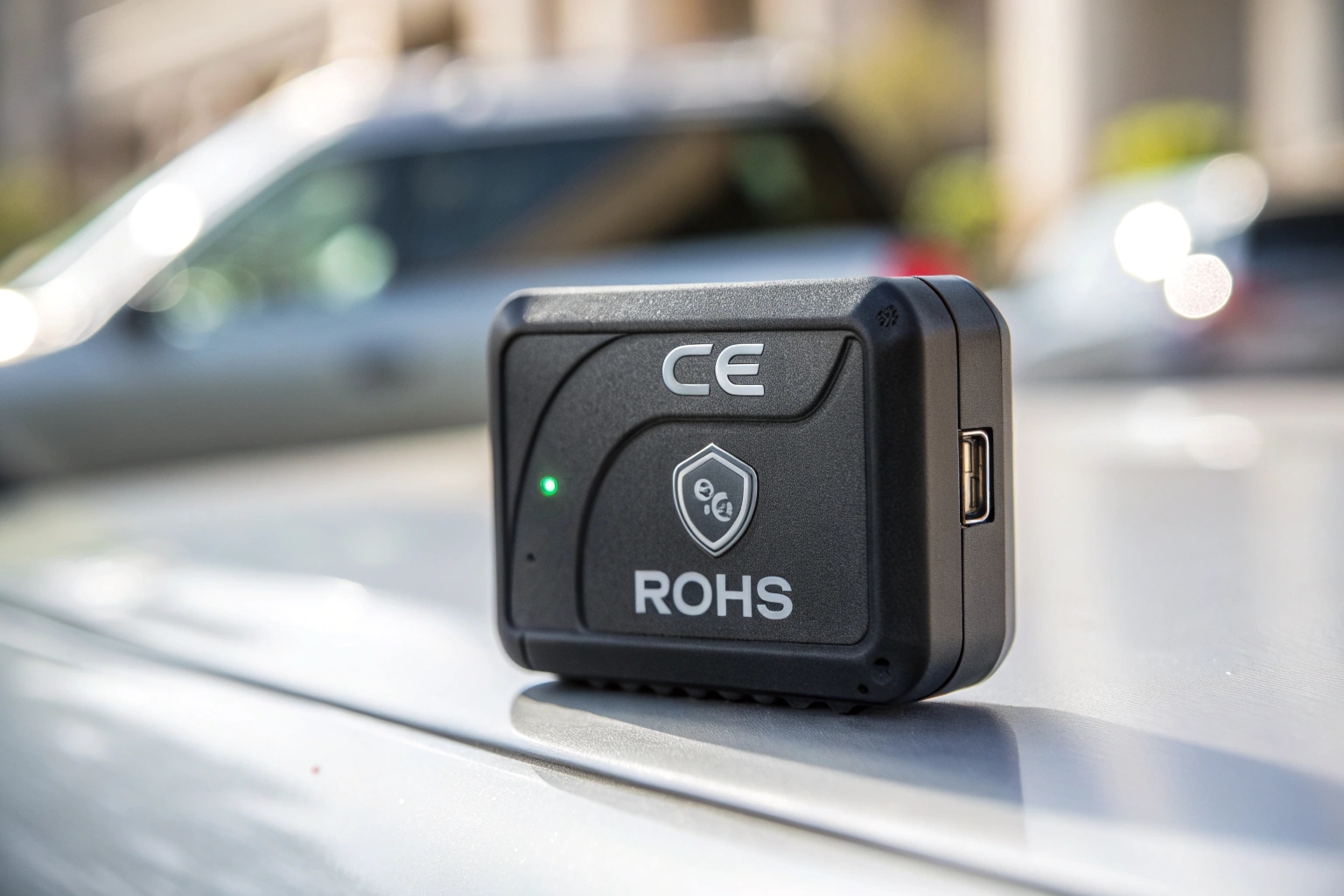 Gros plan d'un traceur GPS montrant les marques de certification CE et RoHS
