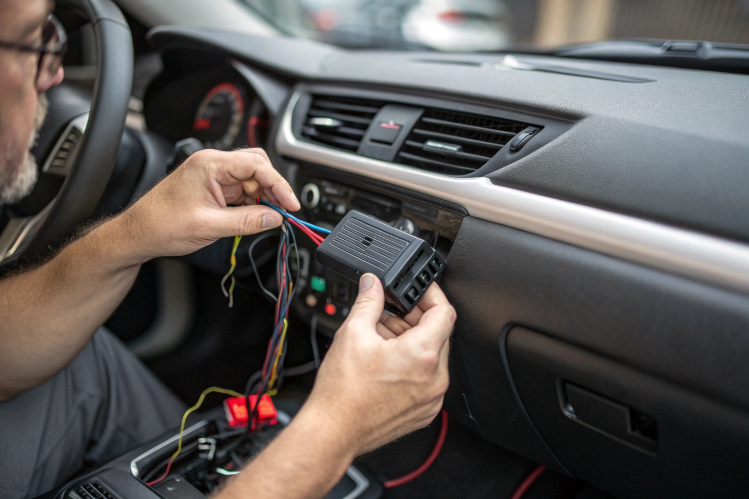Un traceur GPS câblé est installé sous le tableau de bord d'une voiture.