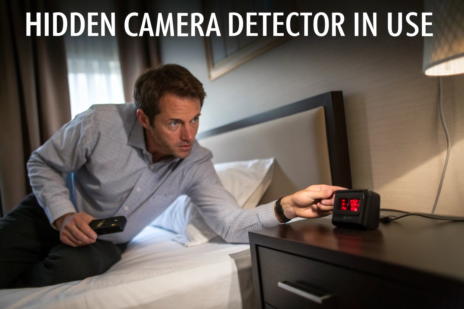 Une personne utilise un détecteur portatif pour scanner des objets dans une chambre d'hôtel moderne