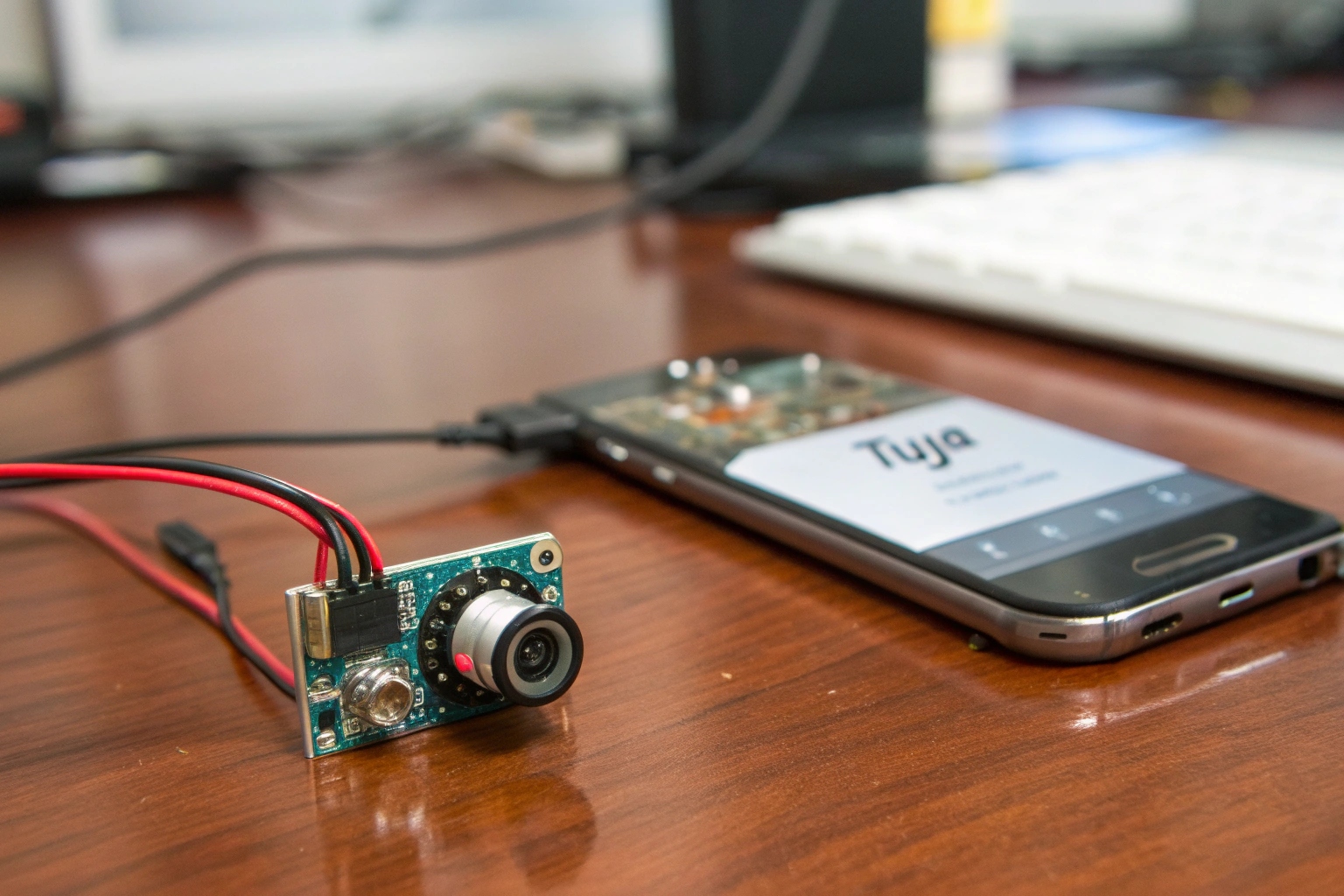 Un module caméra caché discret posé sur un bureau en bois