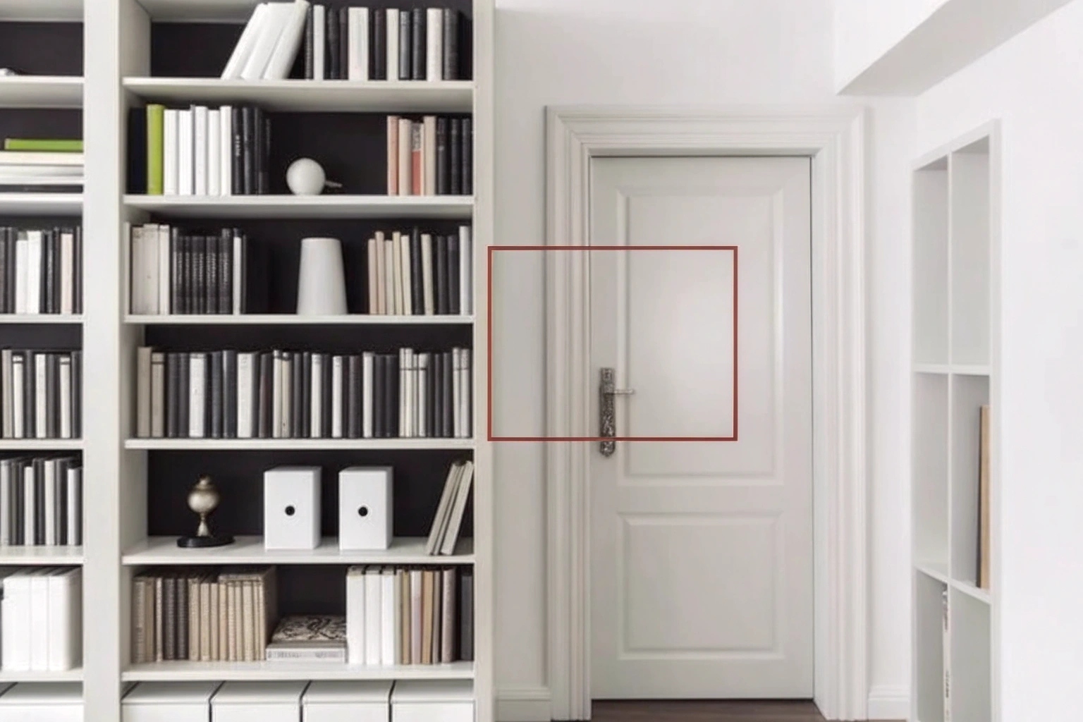 A view from a hidden camera on a shelf showing a clear view of a door about 4 meters away