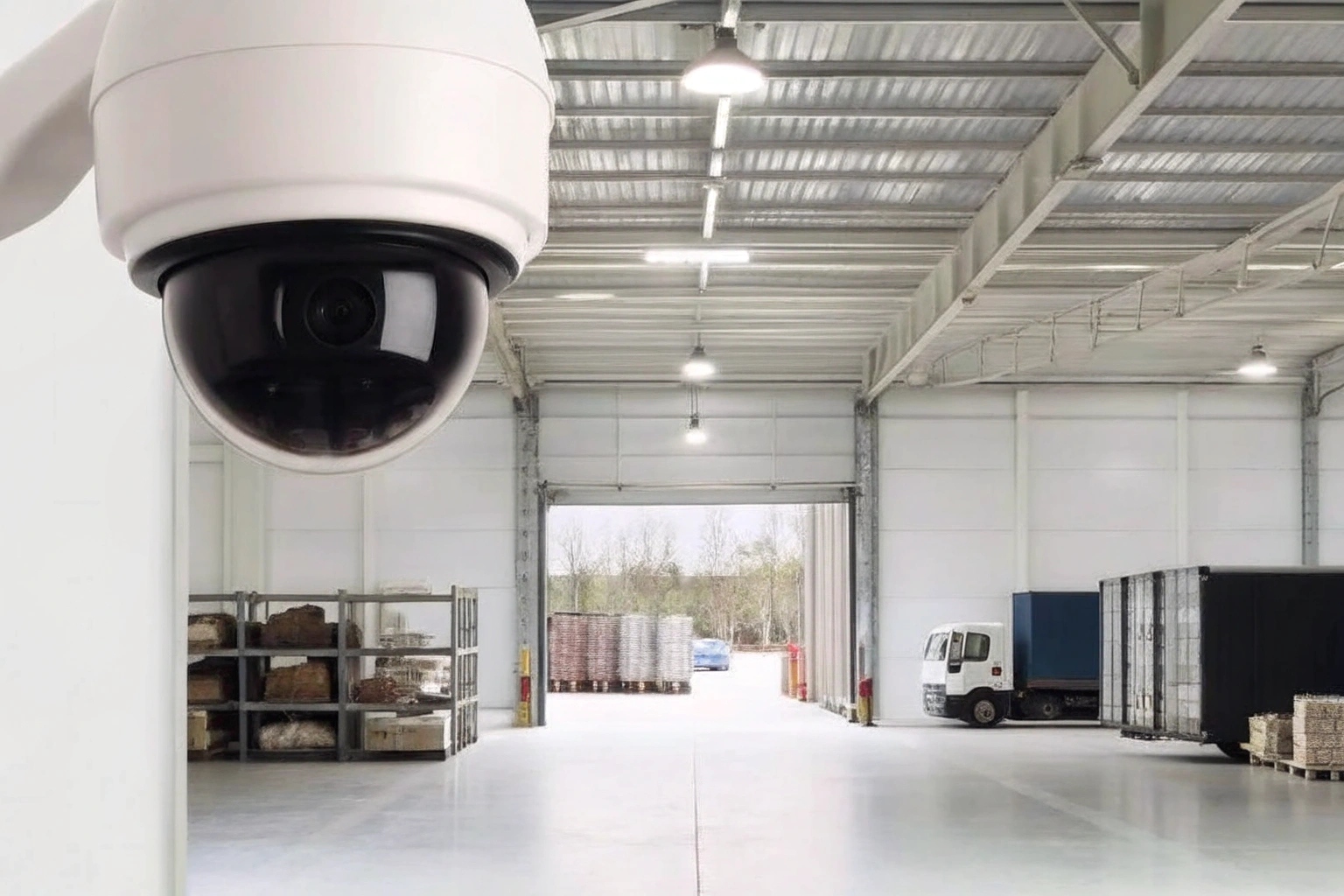 A modern warehouse with a wired camera indoors and a solar-powered camera monitoring the outdoor loading dock