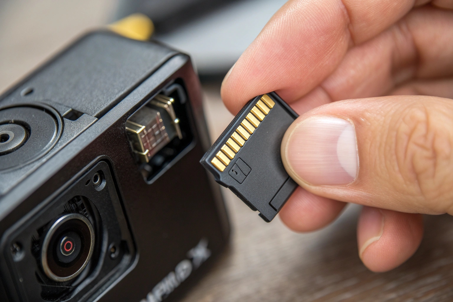 Insertion manuelle d'une carte micro SD dans un appareil de caméra cachée