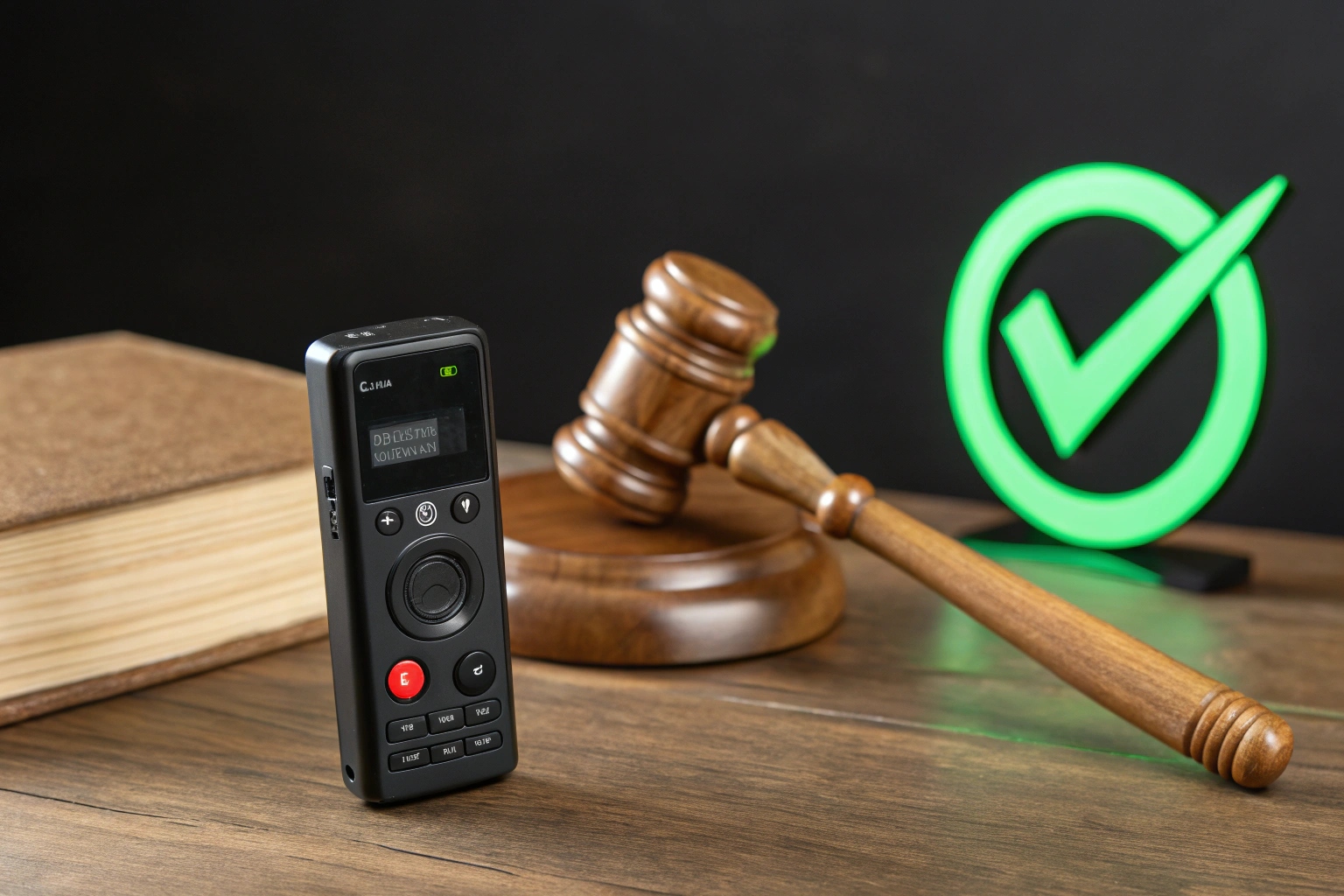 Un graphique représentant un maillet, un enregistreur vocal et une coche symbolisant la légalité.