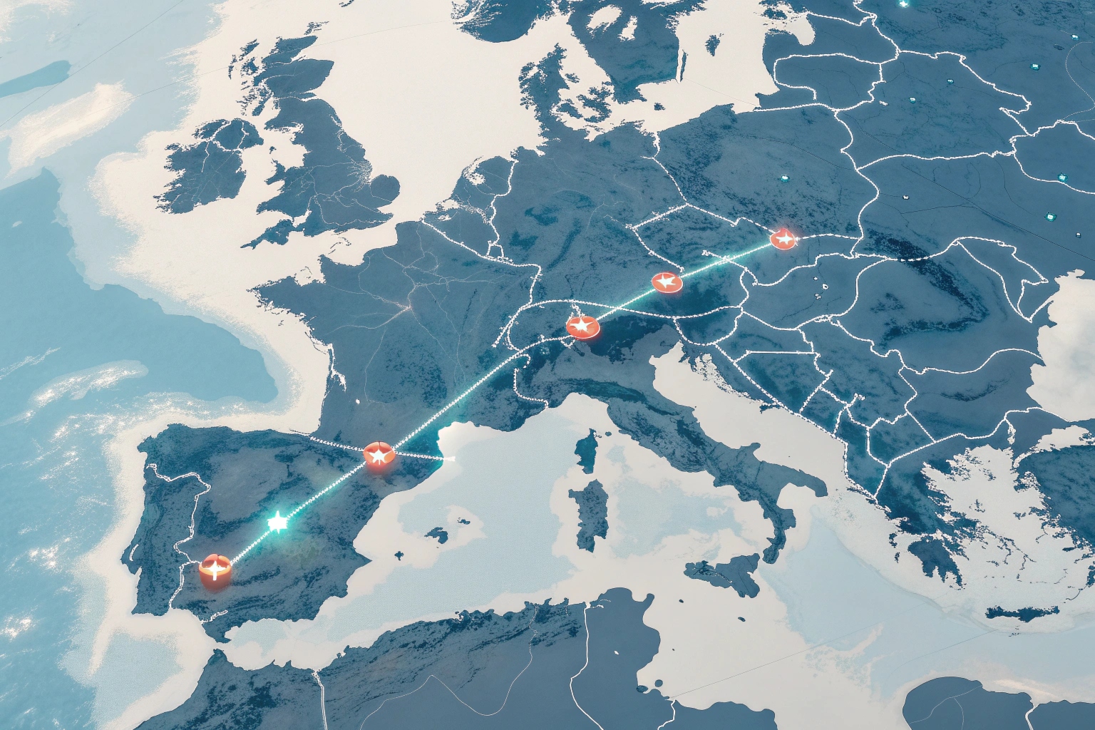 Une carte de l'Europe avec des lignes de suivi GPS reliant plusieurs pays