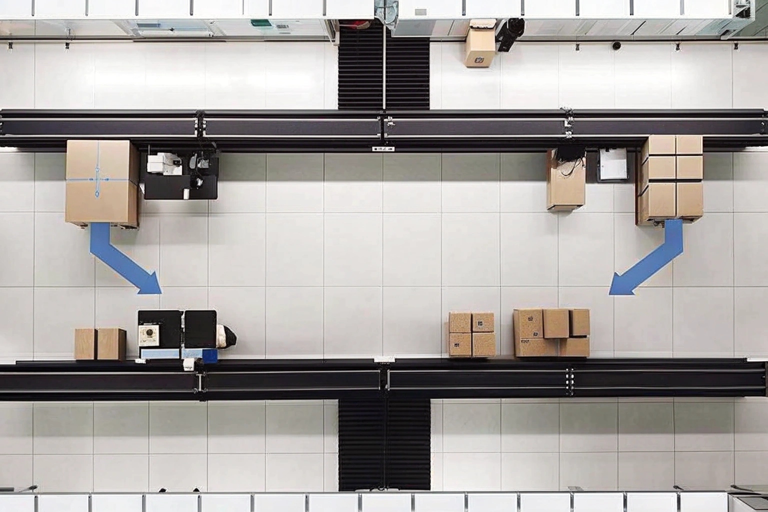 A bird's-eye view of a clean packing station with arrows indicating an efficient workflow