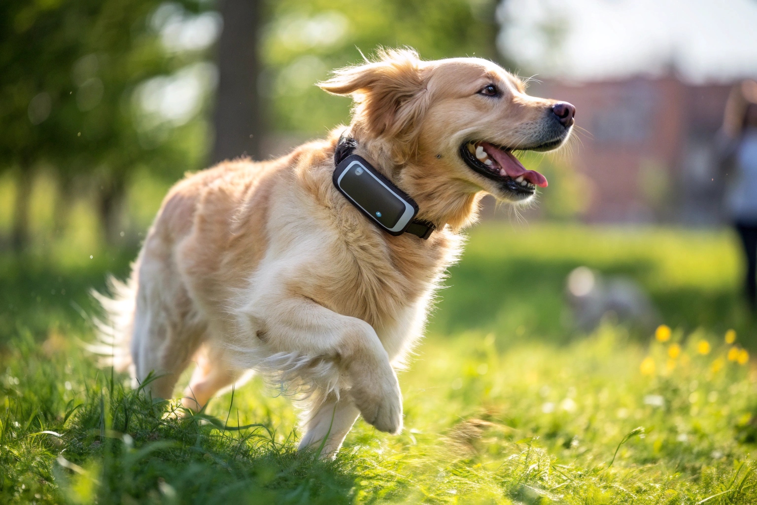 Ein glücklicher Hund, der in einem Park läuft und ein elegantes GPS-Tracker-Halsband trägt
