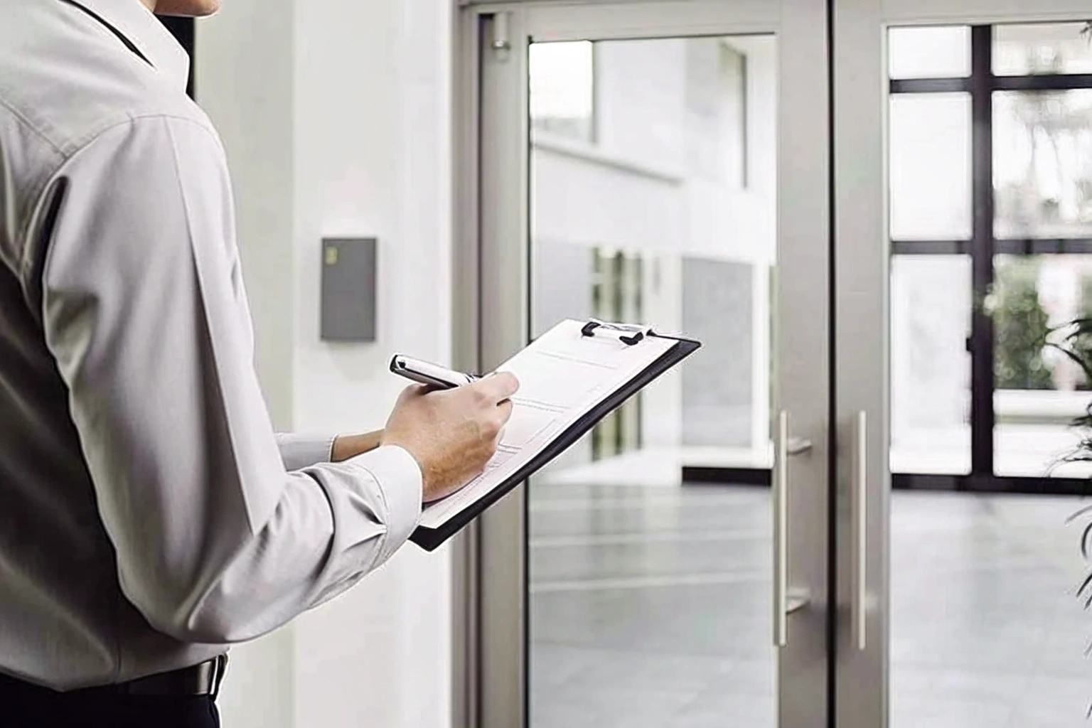 Un commerçant, debout dans son magasin, désigne sur un plan l'emplacement des caméras de sécurité.