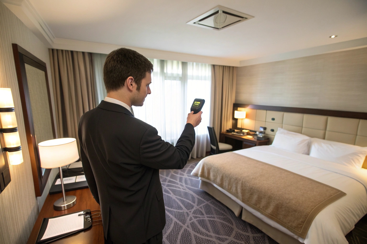 Un homme d'affaires en costume utilise un détecteur anti-espion portable pour scanner une chambre d'hôtel avant une réunion.