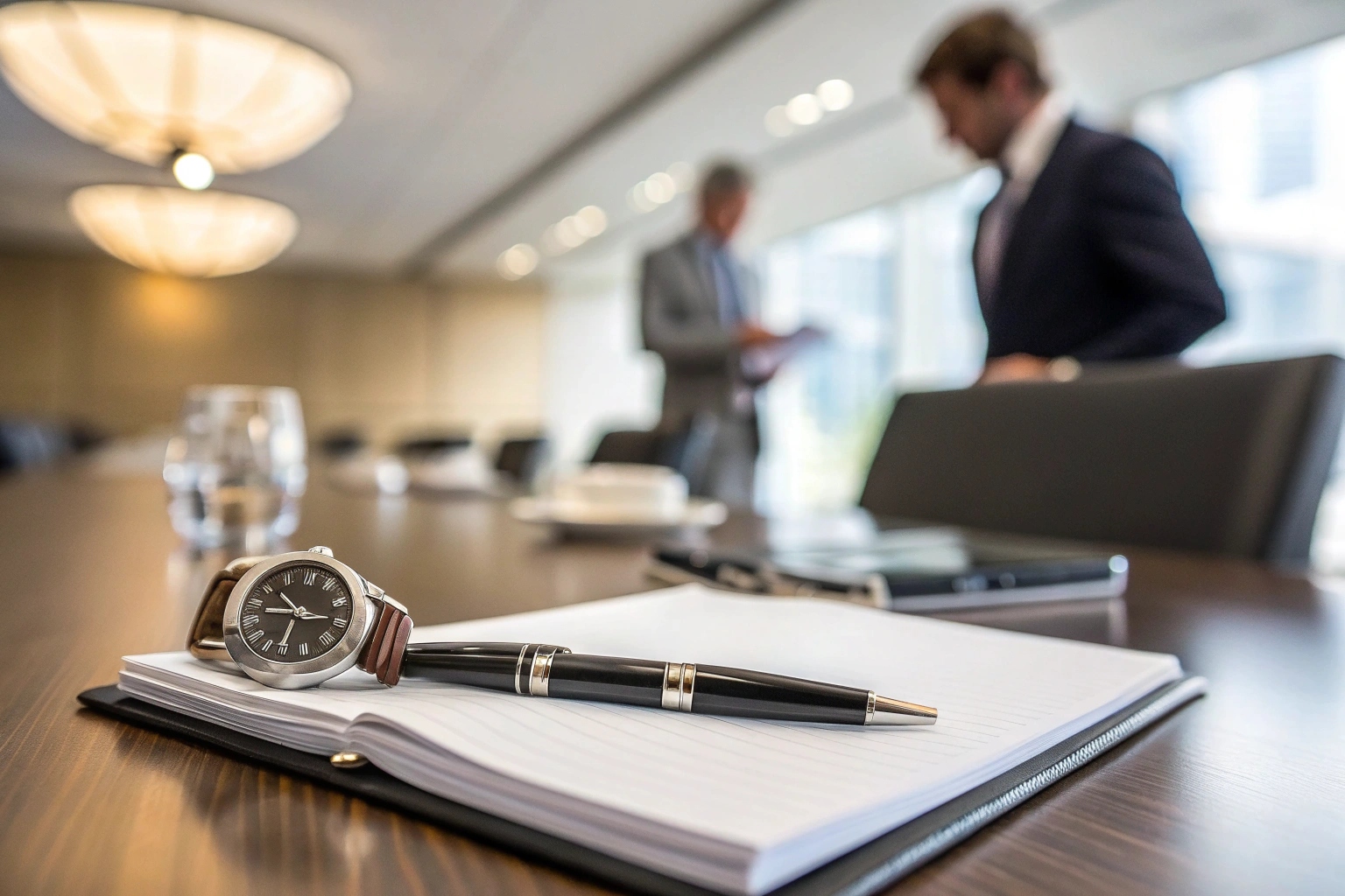 Un stylo espion et une montre-caméra sur un bureau en bois