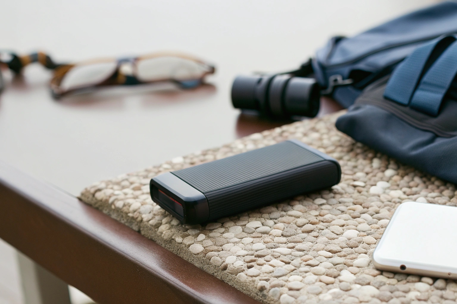 Une batterie externe dissimulant une caméra cachée, posée sur un rocher près d'un équipement de randonnée.