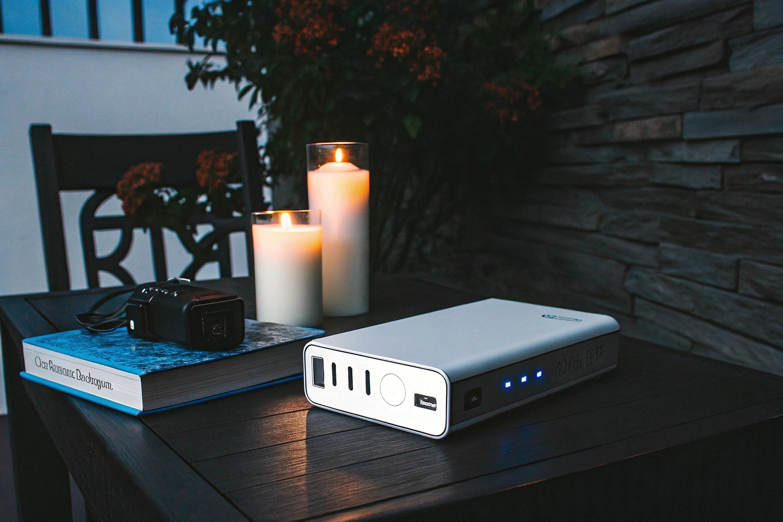 Une caméra cachée sous une batterie externe, en fonctionnement sur une table pendant une panne de courant, avec des bougies allumées.