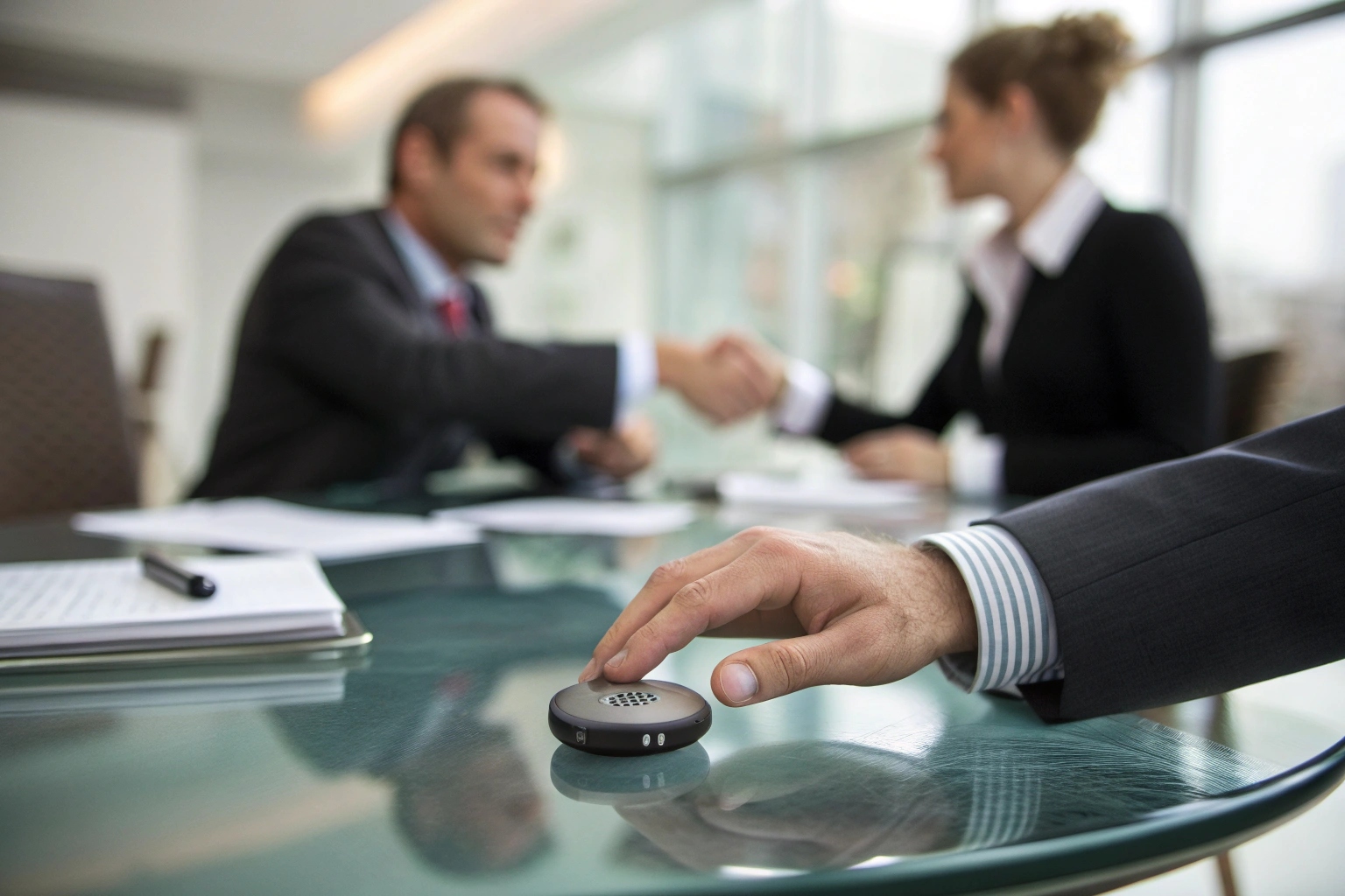 Un professionnel tenant un petit enregistreur discret lors d'une poignée de main