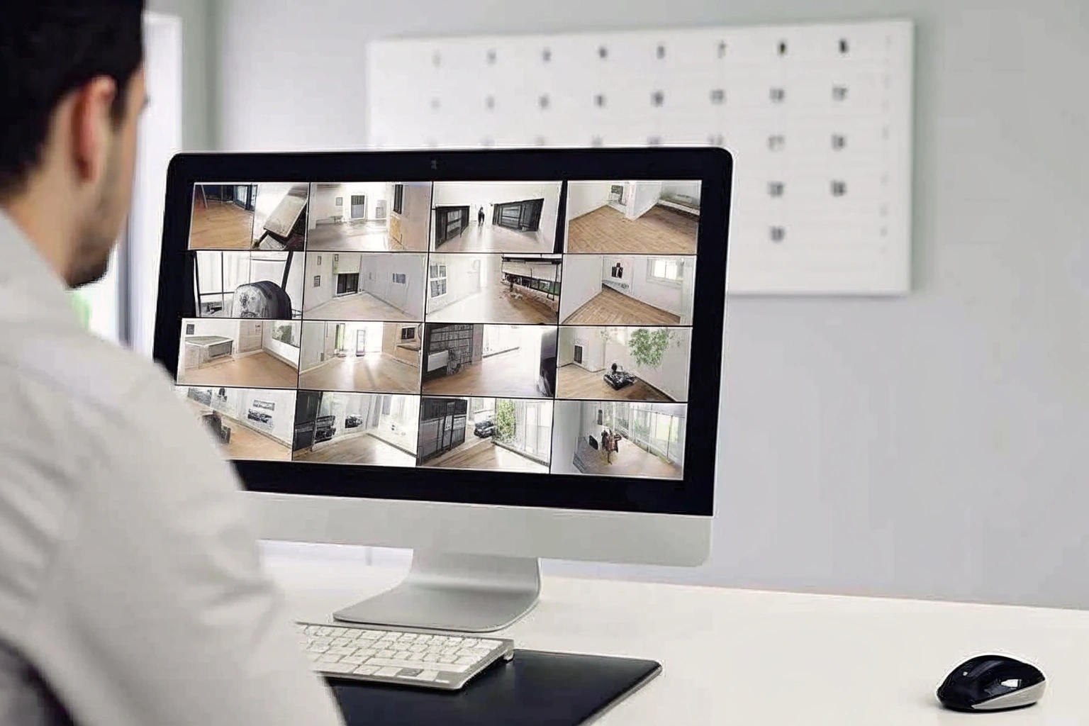Un agent de sécurité visionne des enregistrements vidéo sur un moniteur, avec un calendrier en arrière-plan.