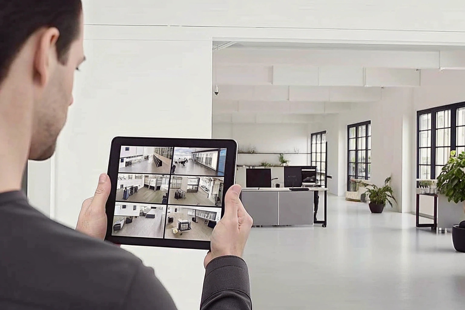 A business manager in an office reviewing workflow footage on a digital tablet