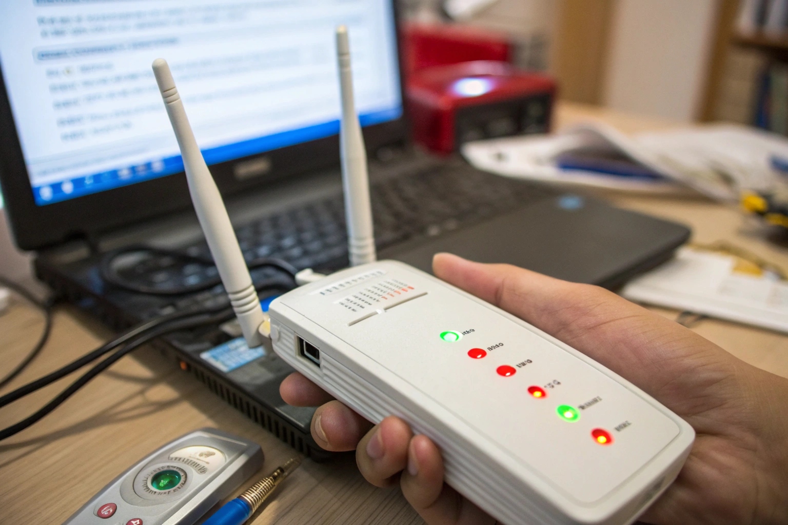 Un détecteur de micros espions RF placé près d'un routeur Wi-Fi affiche un signal élevé, provoquant une fausse alarme.