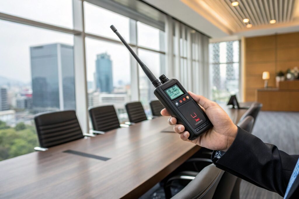 Zabezpieczanie sali konferencyjnej: pozycjonowanie zaawansowanych rozwiązań w zakresie pozyskiwania sygnału w celu zapobiegania szpiegostwu korporacyjnemu Jak działa detektor kamer antyszpiegowskich?