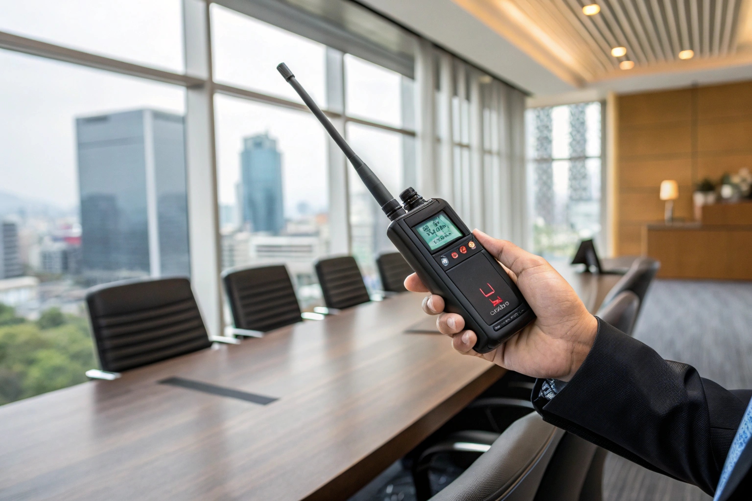 Eine Hand, die einen HF-Signaldetektor hält, fährt durch einen modernen Konferenzraum eines Unternehmens.
