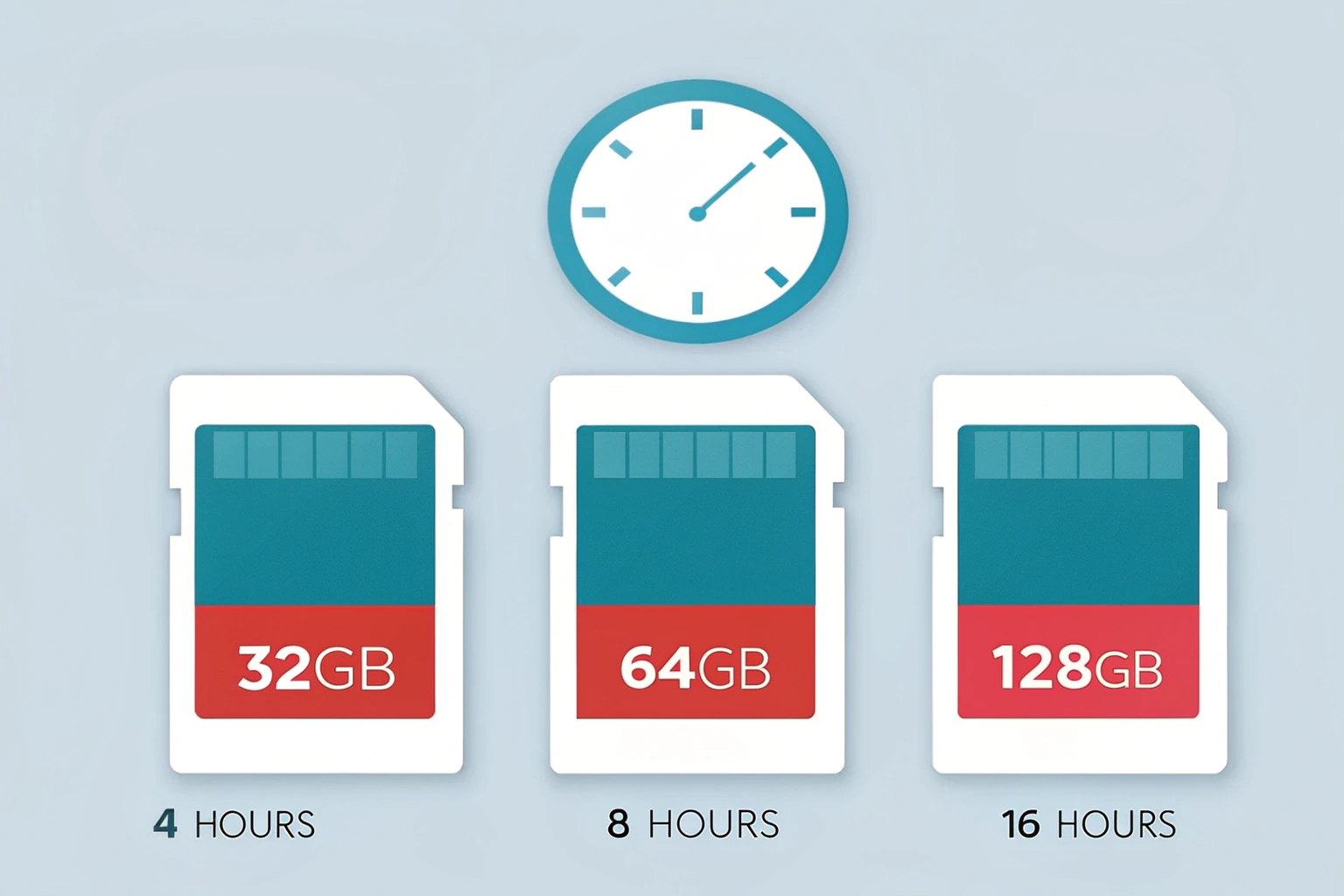 Infographie présentant les durées d'enregistrement sur carte SD pour différentes capacités