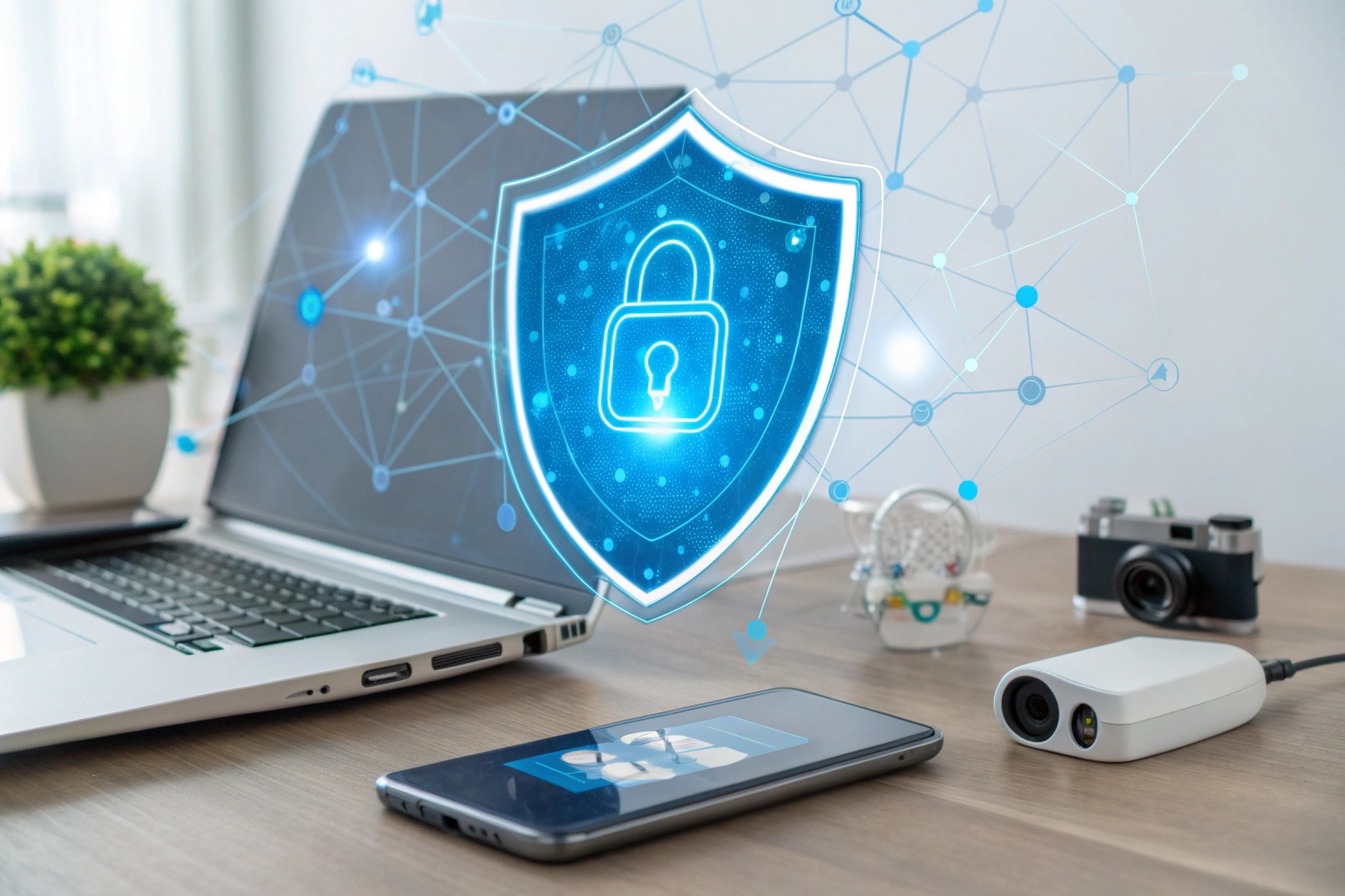 Une icône de bouclier numérique protégeant le tableau de bord d'une maison intelligente