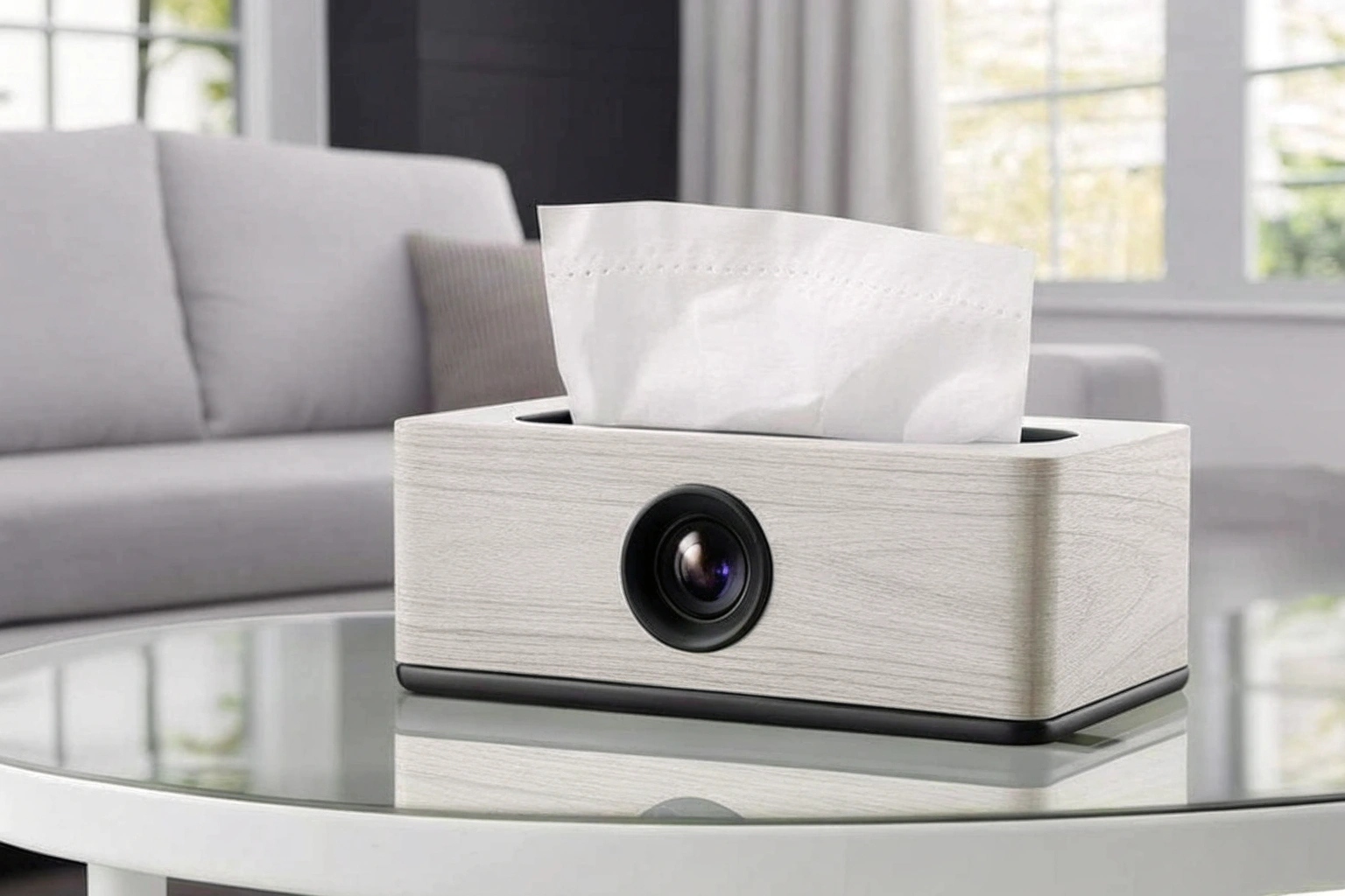 Une caméra discrètement dissimulée à l'intérieur d'un distributeur de mouchoirs moderne est posée sur une table basse du salon.