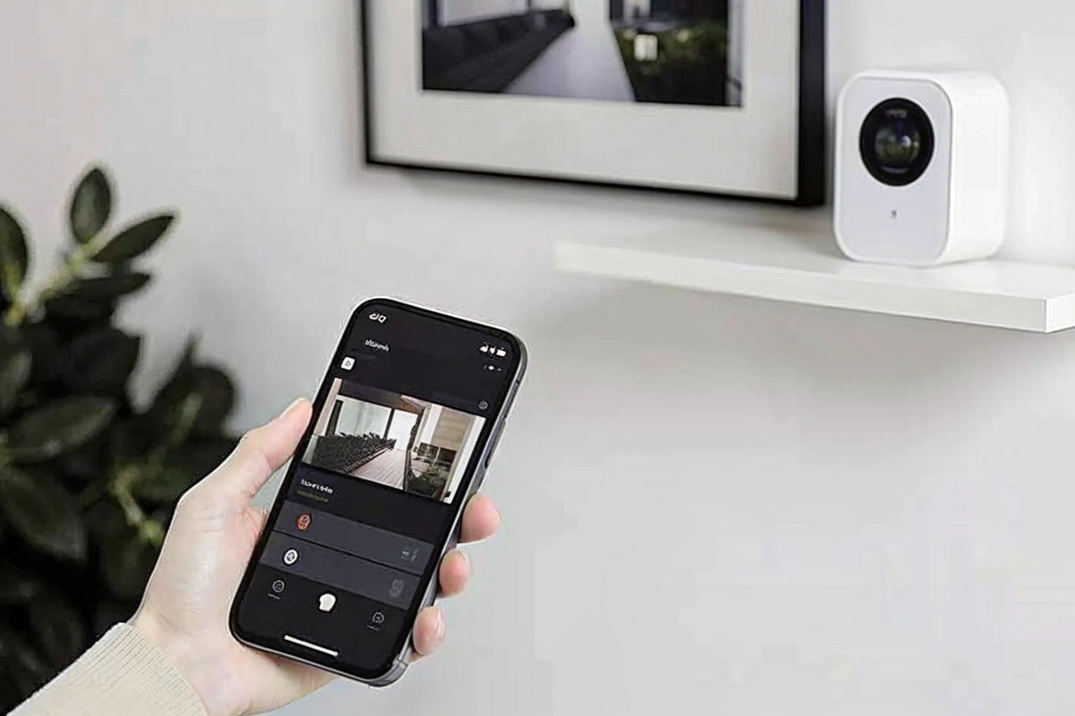 A hand holding a smartphone showing a clear live camera feed on the Tuya app interface