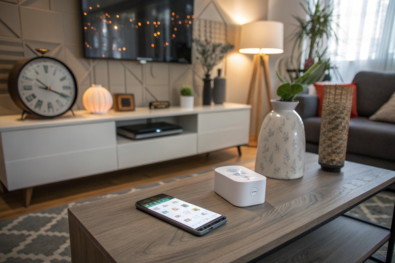 A living room diagram showing hidden cameras in various objects connected to one phone
