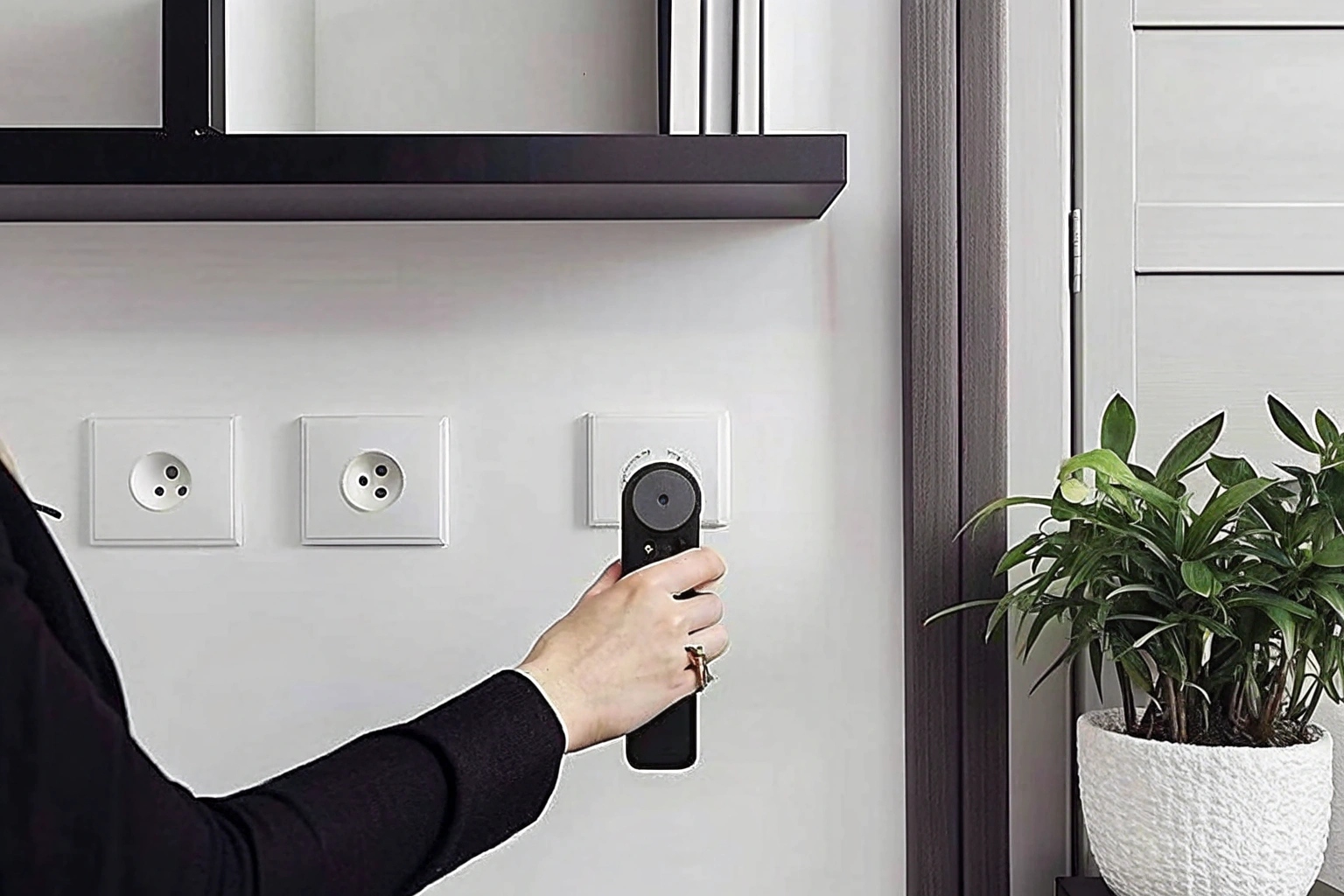 Une personne examine attentivement une prise murale avec un détecteur de caméra espion RF portatif, qui émet une lumière rouge.