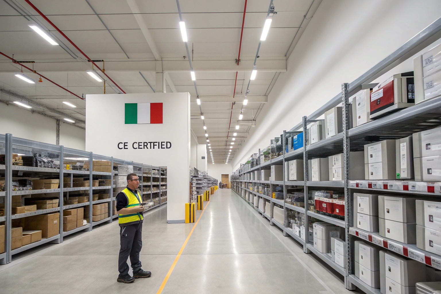 Intérieur d'un entrepôt moderne en Italie avec des étagères remplies d'électronique.