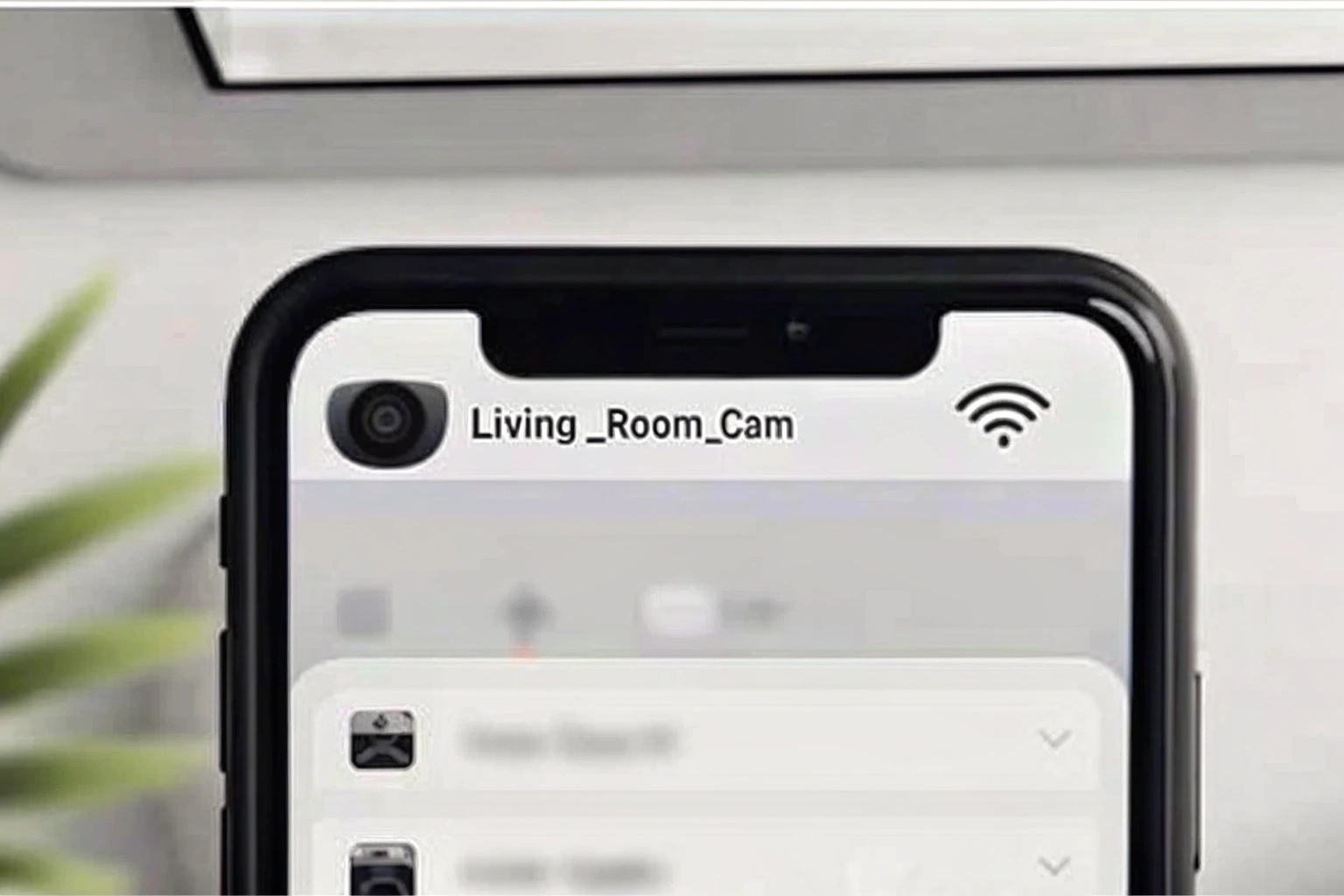 Auf dem Bildschirm eines Smartphones wird eine Liste von WLAN-Netzwerken angezeigt, wobei eine Kamera deutlich mit "Wohnzimmerkamera" beschriftet ist.