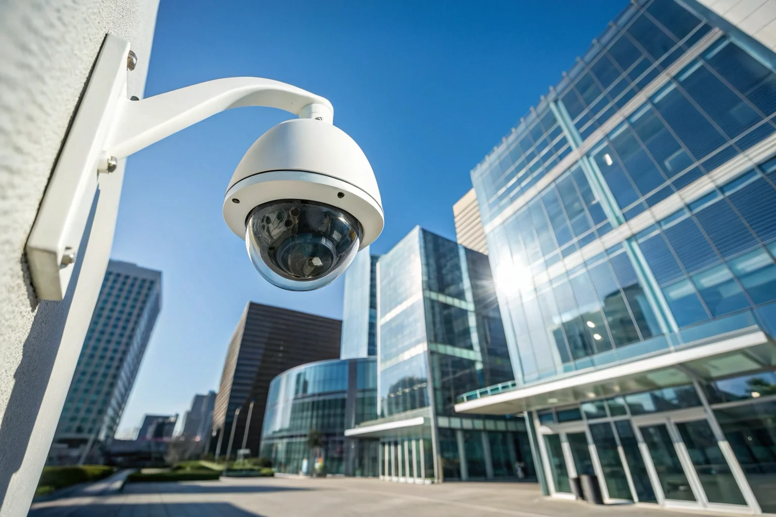 Une caméra de sécurité haute définition 1080p installée sur un immeuble de bureaux moderne.