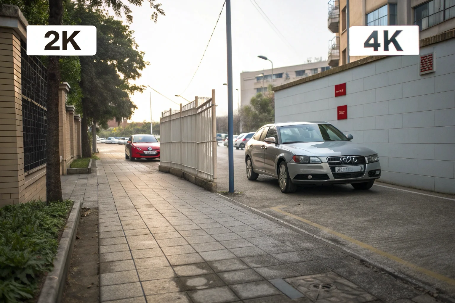 Comparaison côte à côte des résolutions vidéo 2K et 4K montrant une plaque d'immatriculation