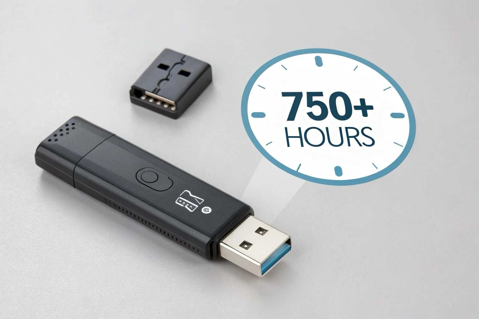Une image de type infographie montrant une clé USB de 64 Go d'un côté et une grande icône d'horloge avec la mention " 750+ heures " de l'autre.