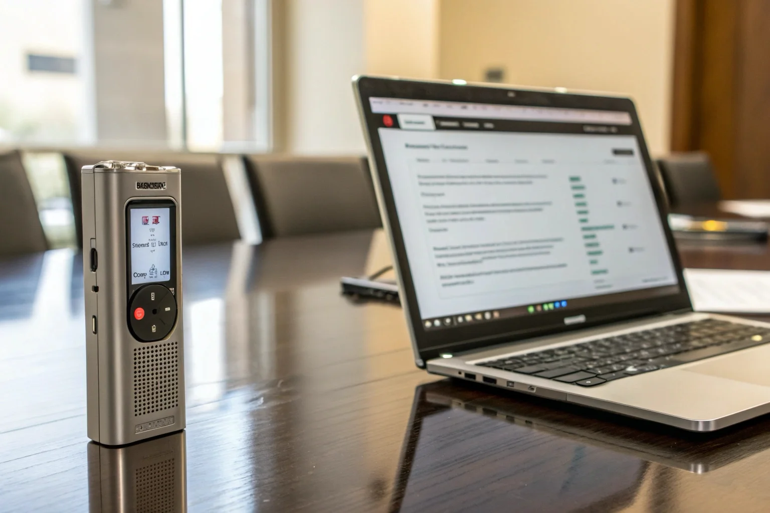 Un élégant enregistreur vocal IA posé sur une table de réunion moderne, à côté d'un ordinateur portable affichant des notes générées automatiquement.