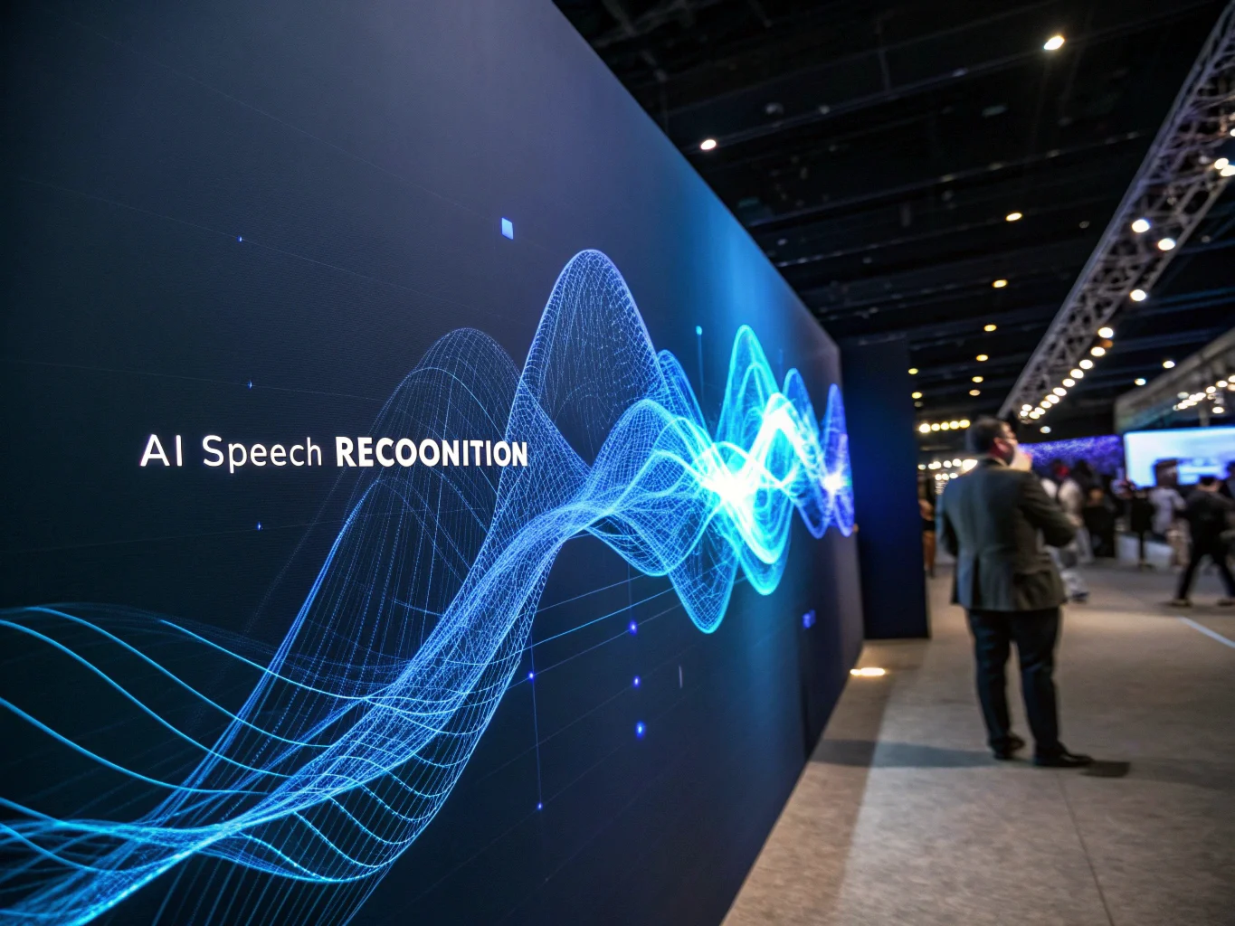 Visualisation abstraite d'ondes sonores converties en texte numérique par un réseau neuronal.