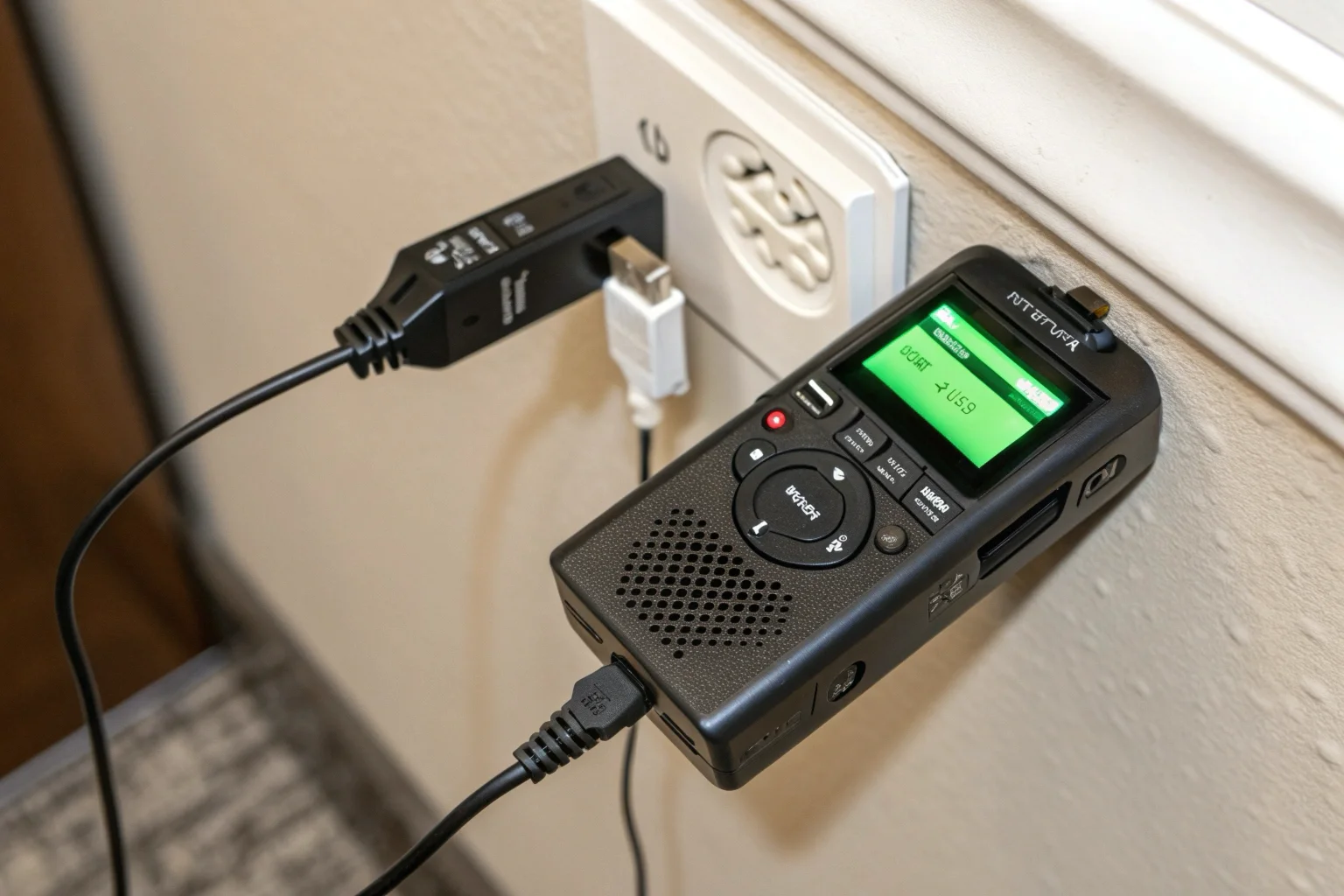 Un enregistreur vocal branché sur un chargeur, avec une icône de batterie verte lumineuse clairement visible sur son écran.