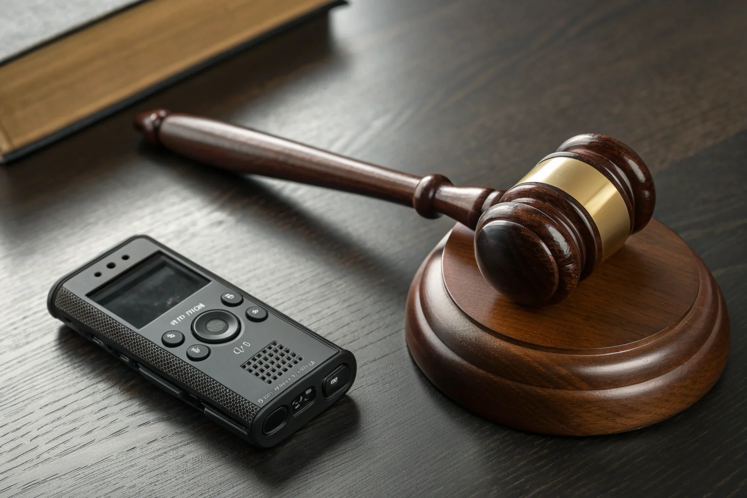 Un maillet en bois posé à côté d'un petit enregistreur vocal discret sur un bureau, symbolisant la légalité.