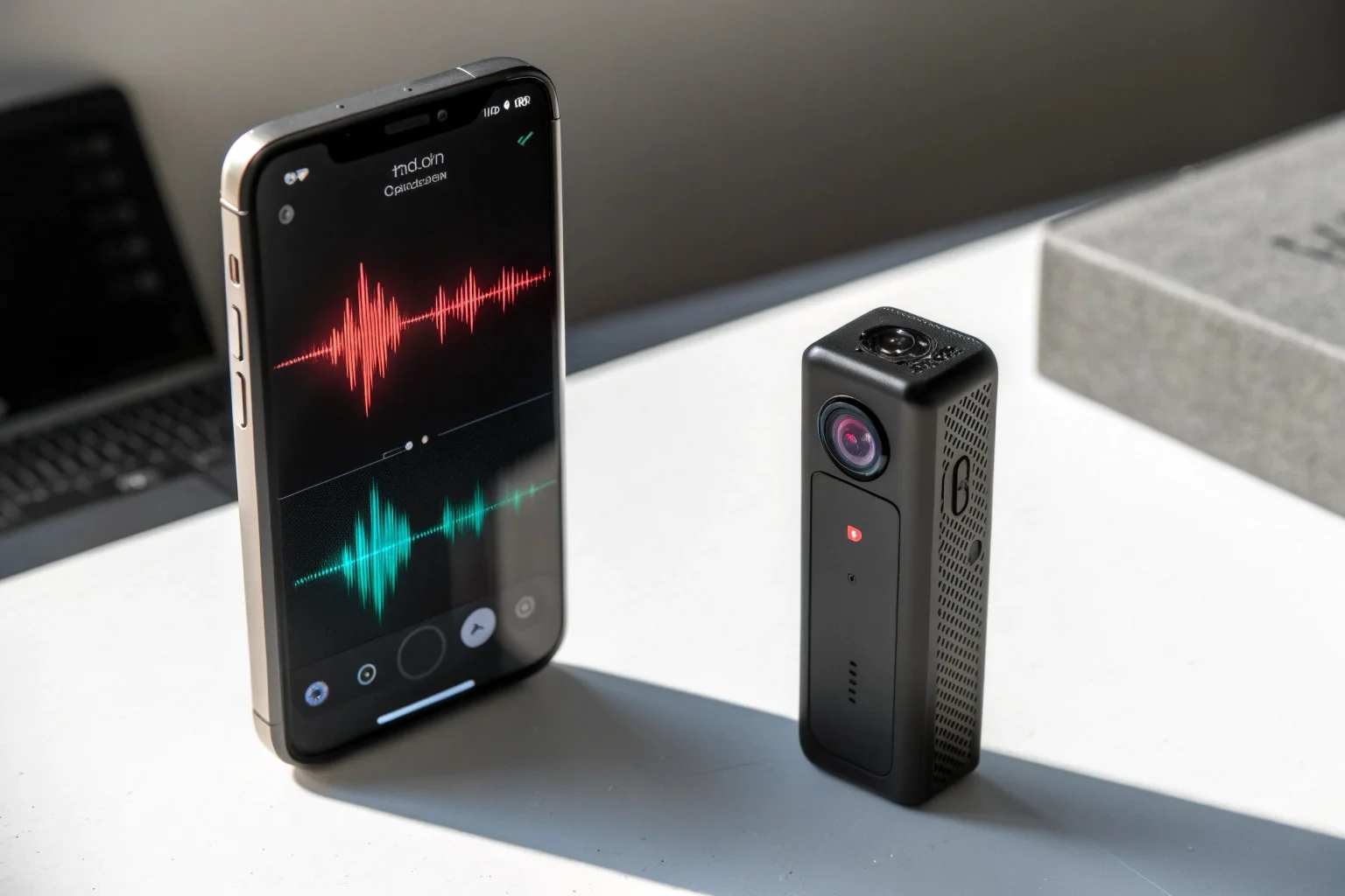 Un fiancé à un fiancé sur un smartphone avec une application d'enregistrement et un mini enregistreur vocal professionnel et élégant