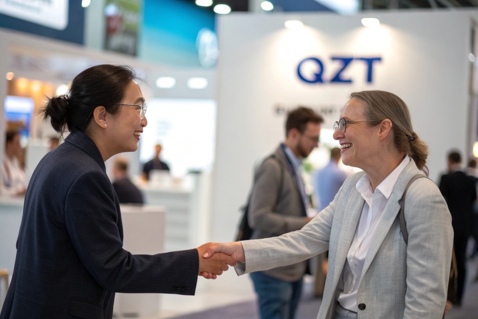 Ein professioneller Händedruck vor einem Messestand mit QZT-Branding