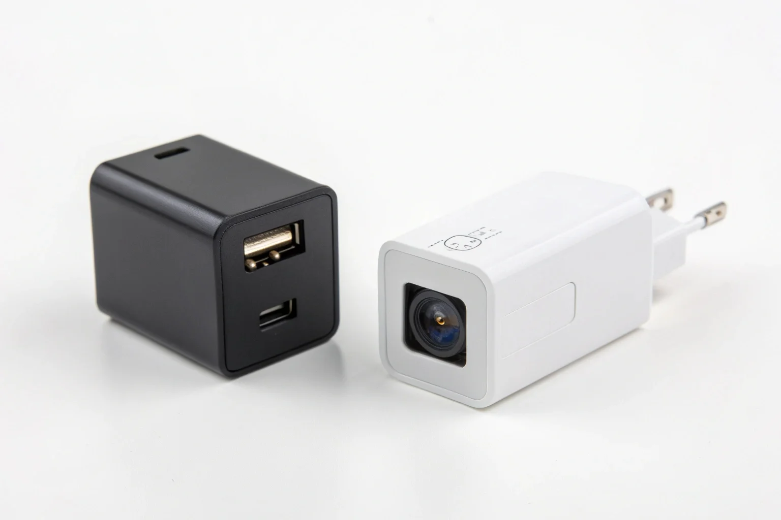 Un module de caméra cachée alimenté par batterie à côté d'une caméra de charge USB câblée