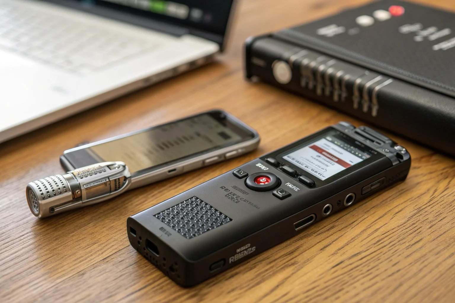 Comparatif de différents enregistreurs vocaux IA sur un bureau, axé sur la qualité de fabrication professionnelle